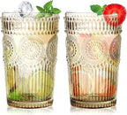 Loivttvv 6pcs Vintage Drinking Glasses Set, 12 oz Tawny Highball Glasses, Embossed Ribbed Glassware Cups for Cocktail, Water, Juice, Coffee, Whiskey