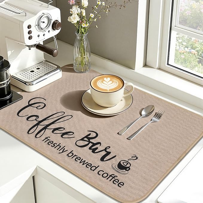 Findosom Dish Drying Mat, 16"x 24" Super Absorbent & Hide Stain Coffee Mat, Cuttable Drying Mat for Kitchen Counter, Coffee Bar Accessories, Under Dish Rack, Coffee Maker, Espresso Machine, Linen