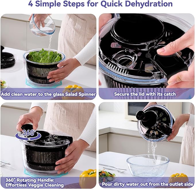 Good Girps 3.2 Qt Glass Salad Spinner Small Vegetable Dryer with Drain Microwave Safe Dishwasher Safe with Transparent Lid Crank Handle Quick Spin Greens Washer for Lettuce Herbs Fruits