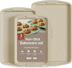 Bakken Swiss Cookie Sheet 3 Piece Set - Non-Stick, Stackable Baking Pans, White marble Deluxe Ceramic Coating – Dishwasher Safe - for Home Baking