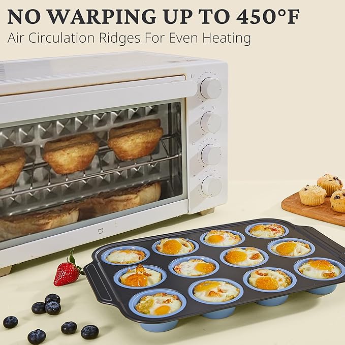 BRONYPRO Silicone Muffin Pans for Baking with Metal Frame, Egg Bite Molds, Cupcake Pans 12 Regular Size, Muffin Tins Easy to Pop Nonstick Non Toxic Bakeware for Oven,Blue