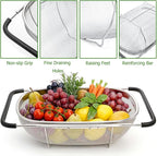 Suwimut 2 Pack Over the Sink Oval Colander for Kitchen, Stainless Steel Fine Mesh 6 Quart Strainer Basket with Expandable Rubber Grip Handles for Straining, Draining, Rinsing Fruits, Vegetables