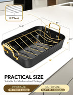 MICHELANGELO Roasting Pan with Rack, Carbon Steel Turkey Roasting Pan for Oven and Induction, Nonstick Turkey Roaster Pan with Stainless Steel Golden Rack & Golden Handle, 15 Inch x 11 Inch
