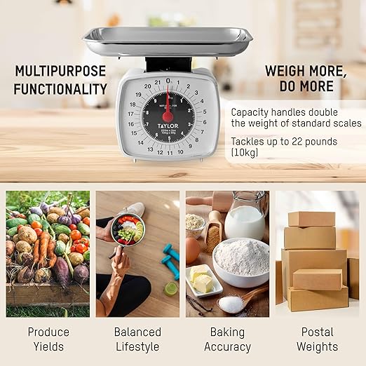 Taylor Analog Kitchen Scale Mechanical Food Scale, 22 lb Capacity, Multicolor
