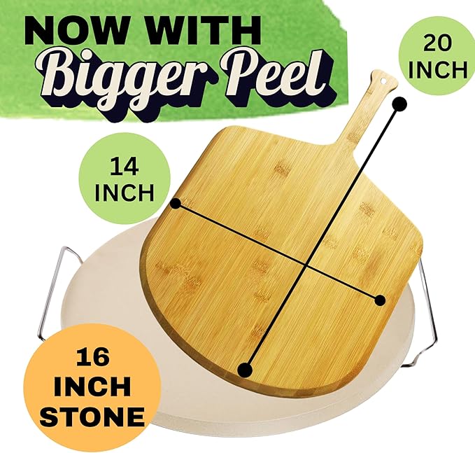 Large Pizza Stone for Oven 16 inch - Round Pizza Stone for Grill with Handles, Wood Pizza Peel and Cutter Set - Baking Stone for Bread - Pizza Making Kit Accessories - Gifts for Food Lovers