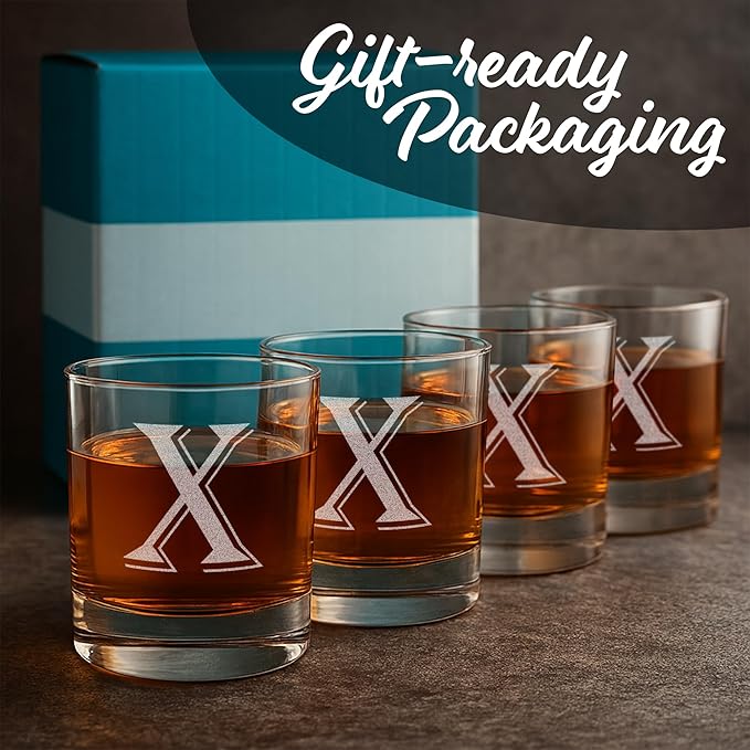 On The Rox (X-Monogram)- 4 Piece Set of 11 Ounce Engraved Heavy Base Rocks Glasses- Quality Elegant Glass-Multi-Purpose Beverage-Rocks Glass- For any Occasion