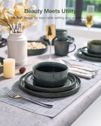 Famiware Star 24-Piece Stoneware Dinnerware Sets, Service for 6 - Shallow Pasta Bowls & Flat Plates, Modern Rustic Reactive Glaze Dishes, Chip/Scratch Resistant, Microwave/Dishwasher Safe, Deep Forest