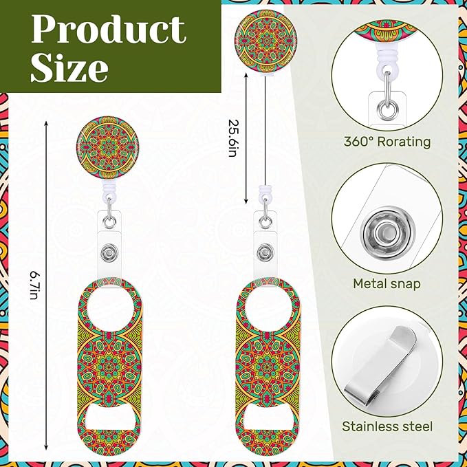 Irenare 6 Pcs Flat Bottle Openers Retractable Bar Keys for Bartenders Stainless Steel Beer Bottle Opener with Belt Clip and Round Badge Reel Bartender Gifts for Women Men(Mandala Style)
