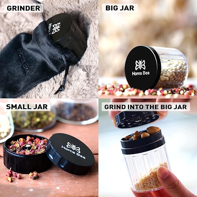 Horns Bee Herb Grinder Containers - Multipurpose Metal Spice Mill with Stash Jar, All-in-One Air Tight Sealable Containers, 2.2'' Sharpstone Grinder, with Accessories and Carrying Pouch