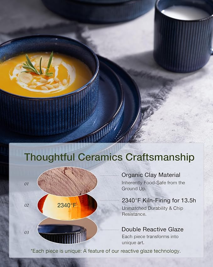 Famiware Star 24-Piece Stoneware Dinnerware Sets for 6 - Shallow Pasta Bowls & Flat Plates, Modern Rustic Reactive Glaze Dishes, Chip & Scratch Resistant, Microwave & Dishwasher Safe, Nebulas Blue