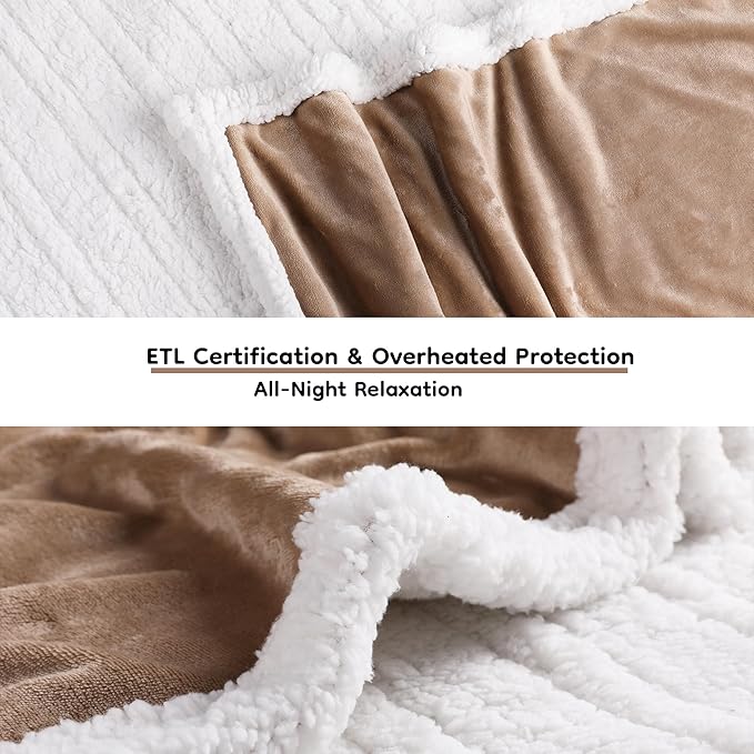 Electric Heated Blanket Throw Size - 50"x60", Soft Flannel Heating Blanket, 4 Heating Levels, 3 H Auto Shut Off, Breathable Warm and Washable for Sofa, Light Brown