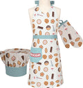 Handstand Kitchen Child's 100% Cotton Bright Pastel Print Apron, Mitt and Chef's Hat Set - Milk & Cookies