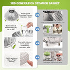 Pavsrmy Steamer Basket, 3rd Generation Stainless Steel Vegetable Steamer with Extendable Handle for Cooking Food, Folding & Expandable Veggie Steam Insert, Fit Various Size Instant Pot (5.5" to 9")