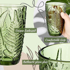 Reallnaive Green Drinking Glasses Set of 8, Boho Aesthetic Vintage Glassware Fern Carving Textured Tumbler Water Cups Embossed Pattern Drinkware Cocktail Glasses Set for Xmas Gifts(12 oz,Highball)