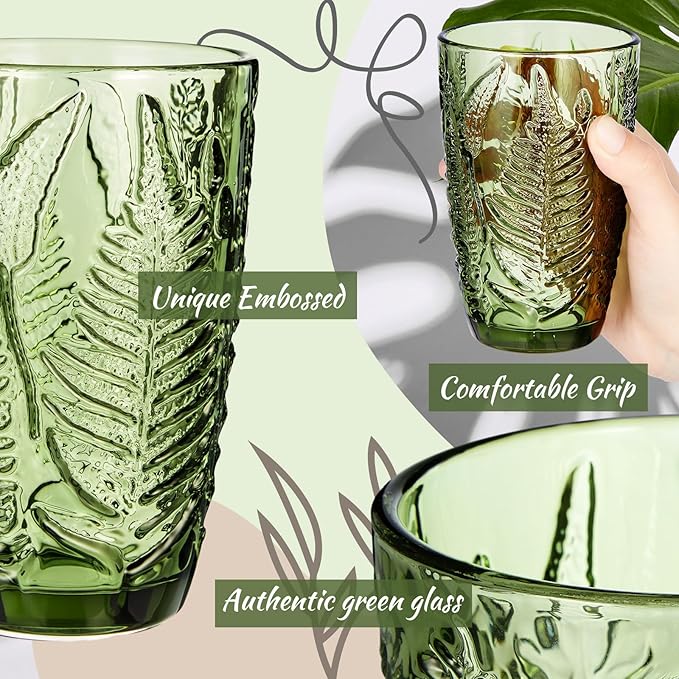 Reallnaive Green Drinking Glasses Set of 8, Boho Aesthetic Vintage Glassware Fern Carving Textured Tumbler Water Cups Embossed Pattern Drinkware Cocktail Glasses Set for Xmas Gifts(12 oz,Highball)