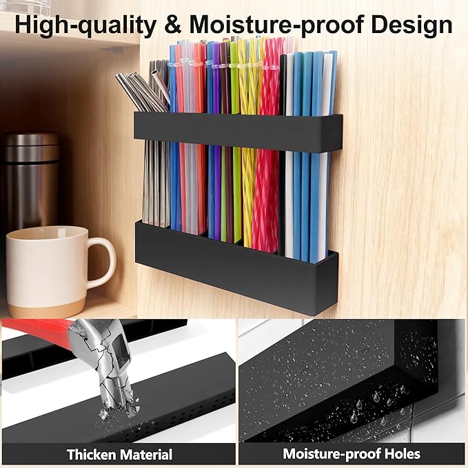 9.5” Large Acrylic Straw Holder for Cabinet Door, Reusable Adjustable Two-Part Straws Organizer with Ultra Sticky Adhesive Strips, 2026 Straw Storage for Kitchen Cupboard (Black)