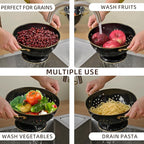 Metal Colander 2 Pack, 3.5 Quart Powder Coated Self-draining Solid Ring Base Metal Large Kitchen Pasta Vegetable Fruit Strainer with Handle (L-BLACK)