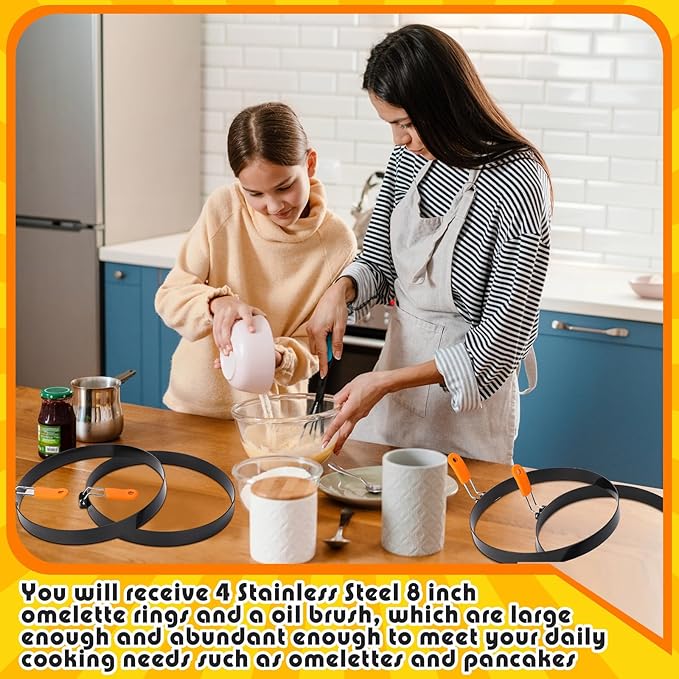 Tioncy 4 Packs Large Omelette Rings for Griddle 8 Inch Stainless Steel Nonstick Pancake Molds Round Omelet Egg Ring Maker with Silicone Handle Grill and Oil Brush for Frying Egg Omelette Muffins