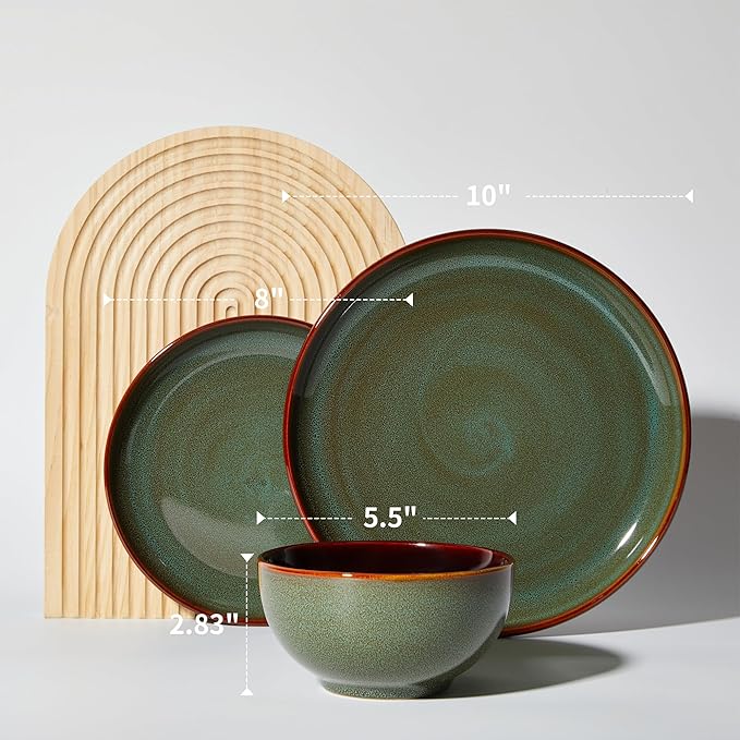 Pokini Stoneware Dinnerware Sets, Ceramic Plates and Bowls Set, Microwave & Dishwasher Safe Kitchen Dishes, Modern Dinner Salad Plates | Cereal Bowls, Dishware Sets Service for 4 Sage Green