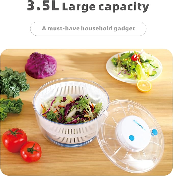 Subbuteo Electric Salad Spinner 4Qt – Rechargeable Lettuce Washer & Vegetable Dryer with 2+ Month Battery Life, Type-C, Detachable Parts, Spin Dry Kitchen Gadget for Greens Herbs Berries