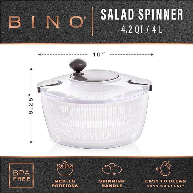 BINO | Salad Spinner - 4.2 Qt | Large Manual Lettuce Spinner with Secure Lid Lock & Built-in Draining System | Salad Spinner with Salad Bowl | Fruit & Vegetable Basket Colander | Kitchen Gadgets