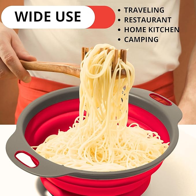 Red Kitchen Strainer Colander Set - 2 PCS Silicone Food Strainers for Kitchen Collapsible Colander with Plastic Handles for Pasta and Spaghetti Multifunctional