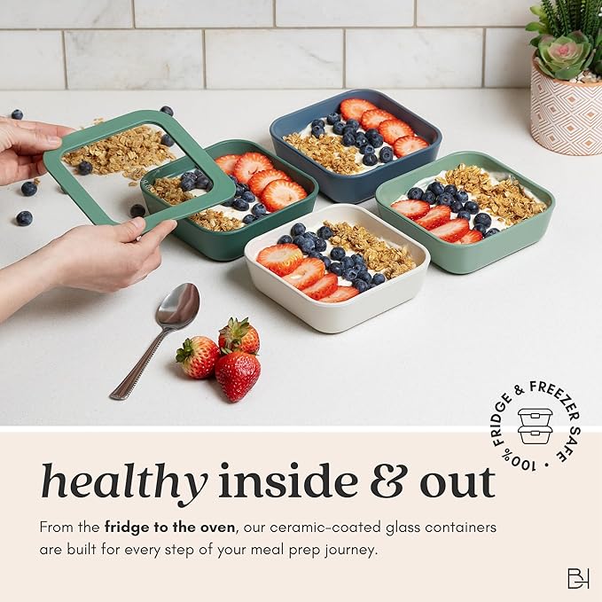 Ceramic Coated Glass Food Storage Container | No PTFE, PFOA, PFAS, and BPA | Reusable Non Toxic Meal Prep Container with Glass Lid | Easy To Store | 3 Cup Rectangle [Pine]