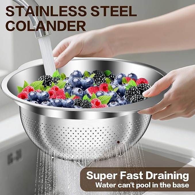 Colander, Strainer Bowl, Stainless Steel Colander, Rice Washing Bowl, Pasta Strainer & Vegetable Washer, Kitchen Strainer with Mixing Bowl for Draining, Food Prep, Dishwasher Safe, 4QT