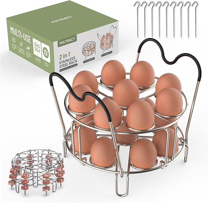 Stackable Egg Steamer Rack Holds 18 Eggs with Handles, Stainless Steel Instant Pot Trivet Fits 6qt/8qt Pressure Cooker, 2-in-1 with Skewers for Grilling