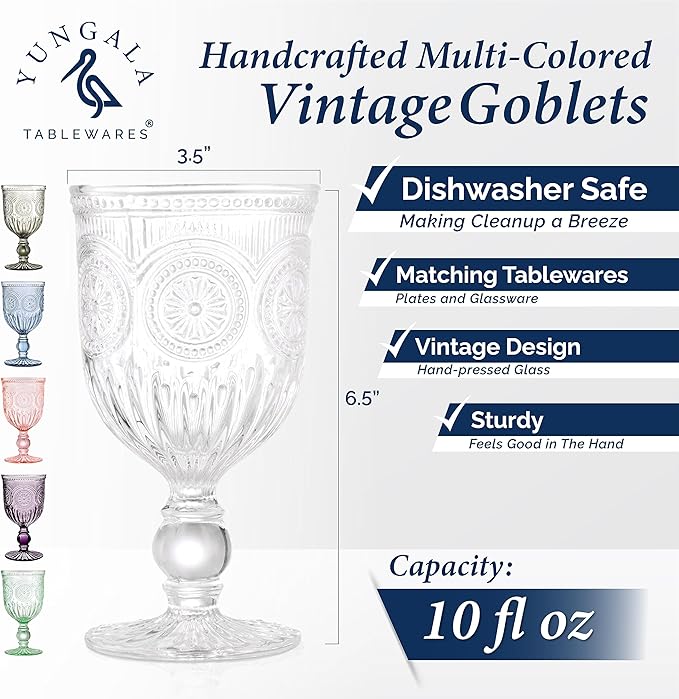 Yungala Multi Color Wine Glasses Set of 6 Vintage Hobnail Goblets 10 oz Dishwasher Safe
