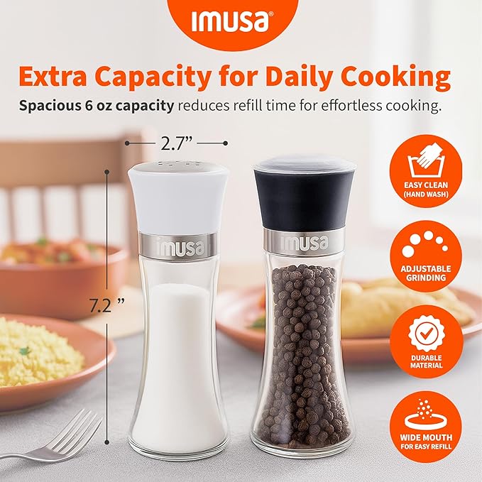 IMUSA Salt Shaker and Pepper Grinder Set – 2 Pack Glass Salt Shaker and Pepper Mill Set, Manual Adjustable Ceramic Core Pepper Grinder, 6 oz Capacity, Refillable Salt and Pepper Set for Kitchen