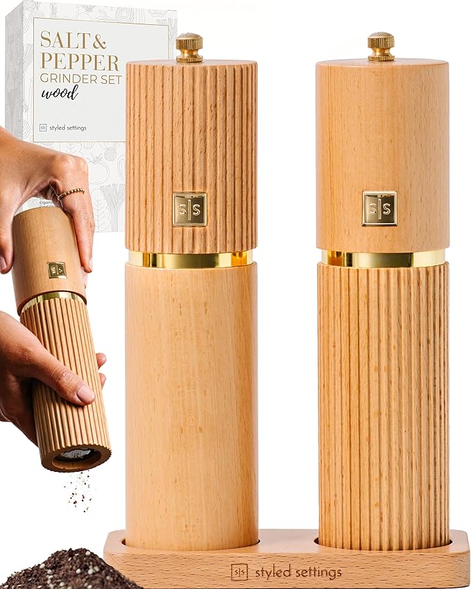 Wooden Salt and Pepper Grinder Set – Refillable Manual Salt and Pepper Mills with Adjustable Ceramic Burrs, Gold Detailing, and Wood Stand