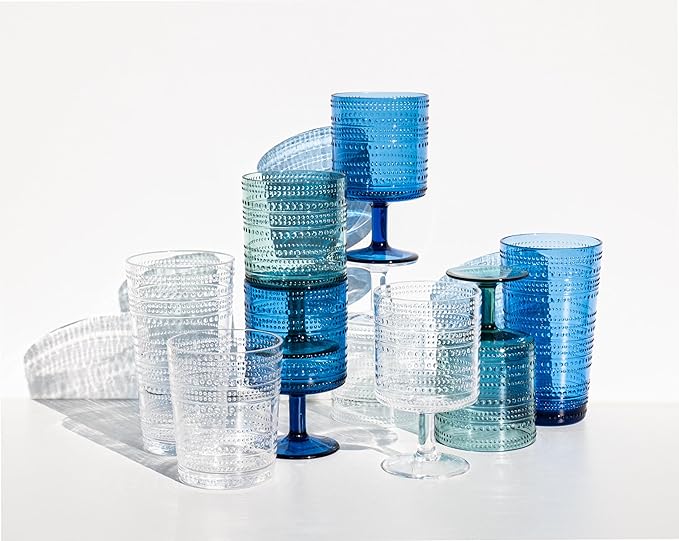 Beaded 15.6 oz Durable Acrylic Double Old Fashioned Drinking Glasses, Shatter-Resistant and Dishwasher-Safe Indoor/Outdoor - Sea Green - Set of 6