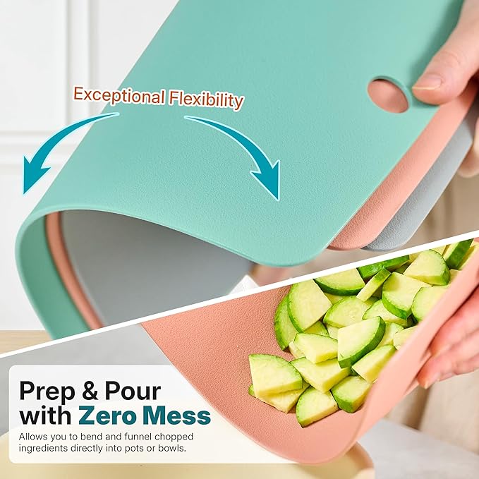 TPU Cutting Board Set of 2 9"x12" - Flexible Cutting Mats for Kitchen Knife Friendly, Cutting Mat Non-Slip Chopping Board Double Sided Scratch Resistant Food Grade Pink Mint