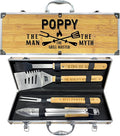 Christmas Poppy Gifts from Grandkids, Heavy Duty Wooden BBQ Grilling Accessories Kit for Backyard, Poppy Thick Stainless Steel Grill Utensils with Non-Slip Handle Tools in Portable Bag Birthday