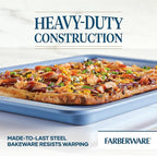 Farberware Easy Solutions Nonstick Baking Set, Includes Cookie Pans, Loaf Pan, and Cake Pan with Portion Marks, 4 Piece, Non Stick Bakeware Set - Blue