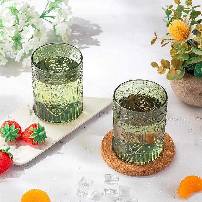 Qinyoung 100 Plastic Vintage Drinking Glasses 8.5oz Stemless Retro Embossed Wine Glasses Shatterproof Reusable Cups for Baby Shower Wedding Reception Grand Event Party (Dark Green)