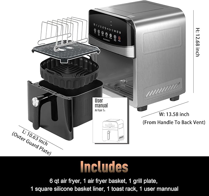 Stainless Steel Air Fryer Ceramic 12 in 1, Dual-Blazes in Steel Housing, 6QT 2-3 Servings Visible 8.27" Basket with Teflon-Free Premium Coating, 1700W, DAYBEST Dishwasher Safe Kits (Stainless Steel)