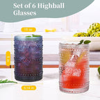 Blue Hobnail Drinking Glasses Set of 6,15 oz Vintage Highball Glasses,Drinkware Kitchen Glasses for Cocktail,Iced Coffee,Beer,Ice Tea,Wine,Whiskey,Water