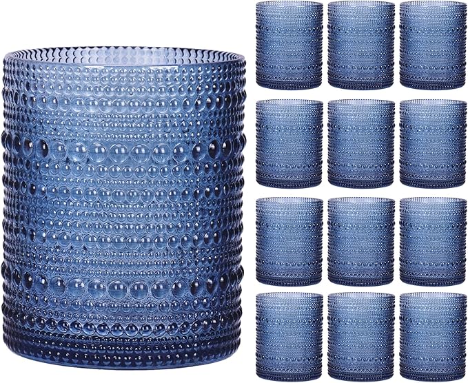 Moretoes Hobnail Drinking Glasses Set of 12,10 Oz Cocktail Glasses Vintage Glassware, Textured Glass Cups Bubble Glasses Water Glasses Old Fashion Jupiter Glasses Set (Blue)