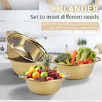 Colander 304 Stainless Steel 4-quart with Mixing Bowls, Strainer for Kitchen Food For washing vegetables, fruit, rice, Dishwasher Safe. (Gold 2PC)
