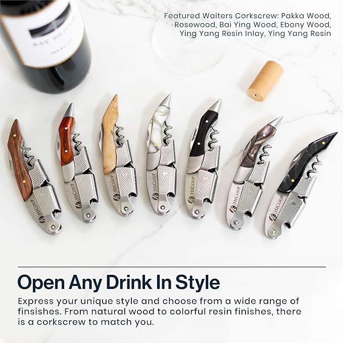 Hicoup Wine Opener - Professional Corkscrews for Wine Bottles w/Foil Cutter and Cap Remover - Manual Wine Key for Servers, Waiters, Bartenders and Home Use - Ebony Wood