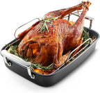 HONGBAKE Roasting Pan with Rack, 17.6×11 Inch Nonstick Roaster Pan for 17 lb Turkey, Chicken and Lasagna, Deep Turkey Pan for Oven, Heavy Duty Oven Roaster Tray, Wider Handles, Gray