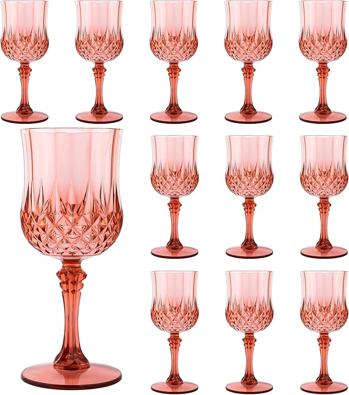 Plastic Wine Glasses, Plastic Goblets Vintage Style Cordial Unbreakable Drinking Glasses, Reusable Drinkware for Wedding Reception, Grand Event Party Supplies (12, Rose Gold)