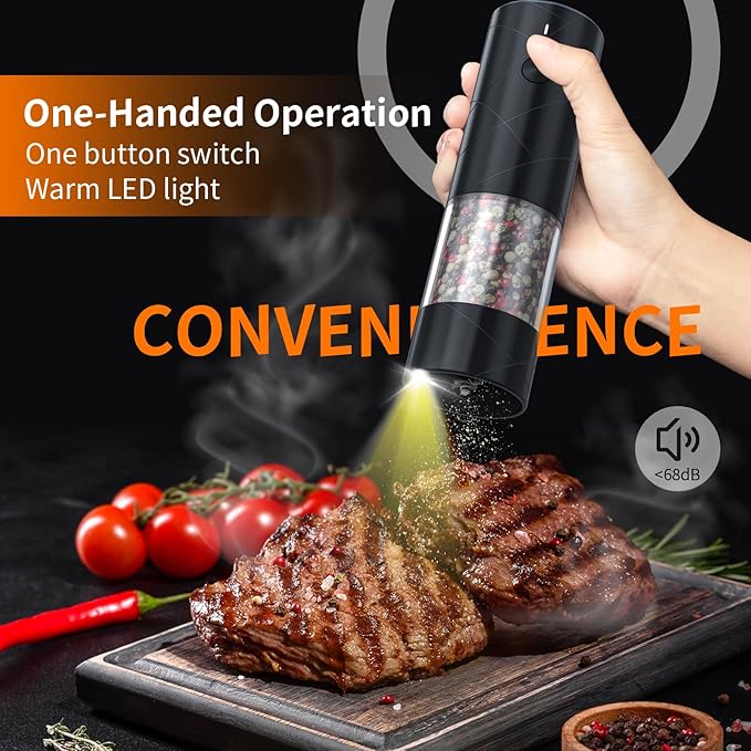 1Pc Electric Salt and Pepper Grinder USB Rechargeable with Warm LED Light, Adjustable Coarseness Lidaop Large Capacity Automatic Salt Pepper Mill Shakers for Kitchen, Restaurant, Outdoor, Black