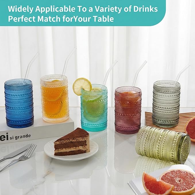 HomeVogue 15oz Colored Hobnail Drinking Glasses with Straws Set of 6, Vintage Glassware Old Fashioned Beverage Glasses, Cocktail Glass Set, Kitchen Water Glasses Cup, for Beer, Smoothie, Juice