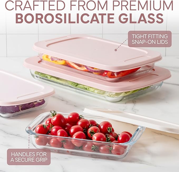 COOK WITH COLOR 8 PC. Glass Baking Dish Set with Lids - Deep Casserole Dish, Glass Food Container, Oven, Freezer and Microwave Safe, Clear Container, Pink