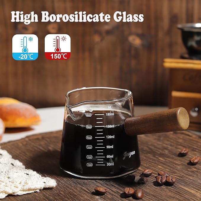 Joeyan 6 oz Glass Measuring Cup with Double Spouts,Borosilicate Espresso Shot Glasses with Wooden Handle,Claer Measuring Triple Milk Frothing Pitcher for Coffee Tea