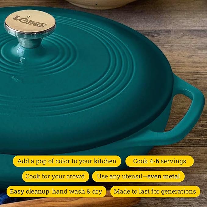 Lodge Essential Enamel Braiser - Refrigerator- & Oven-Safe up to 500° F - Heat-Retaining, Induction-Safe & PFAS-Free Enamel Cookware - 3.5 Quart, Lagoon