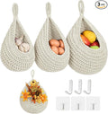 Boho Wall Hanging Fruit Baskets for Kitchen 3 Pack Woven Produce Holder with 6 Pcs Strong Hooks Vegetable Hanging Basket for Organizing Teardrop Home Wall Potato Onion Storage, White
